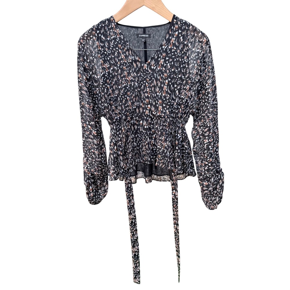 Express V-Neck Peplum Blouse Womens XS Black Abstract Print Tie Waist Career Top